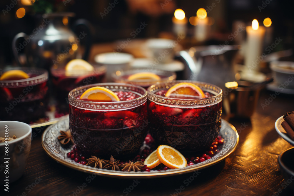Festive mulled wine on the Christmas table, hot alcoholic drink with space for text Festive mulled wine on the Christmas table, hot alcoholic drink with space for text
