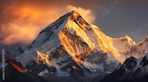 A photo of Mount Everest, with towering peaks as the background, during a calm morning