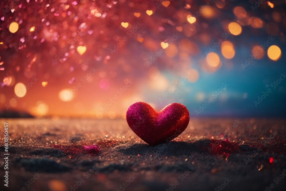 Blurred background bokeh light, red Valentine hearts. Saint Valentine design. - obrazy, fototapety, plakaty 