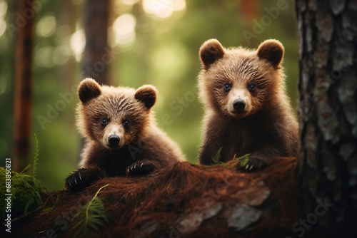 Generative ai image group of baby brown wild bears walk in forest © Tetiana