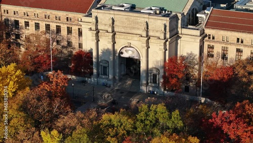Aerial shot of the Museum of Natural History on an autumn morning. Shot in New York City in 4k.