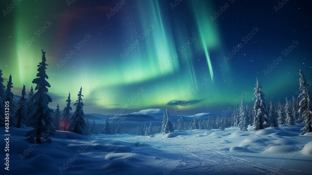 Obraz premium Aurora borealis, winter landscape with forest. 