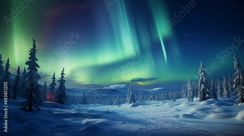 Aurora borealis, winter landscape with forest. 