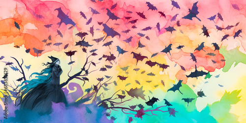 rainbow sky with leaf witch and bats, In the bat-tinged twilight, butterflies reveal their secrets to a woman with the power of a leaf witch. Hidden Harmony photo