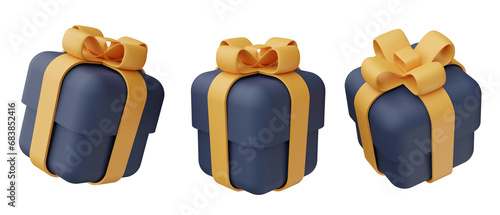 3d realistic gift box set, in dark blue color with gold ribbon