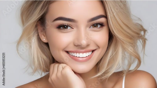 Closeup photo portrait of a beautiful young brasilian latina model woman smiling with clean teeth. used for a dental ad.