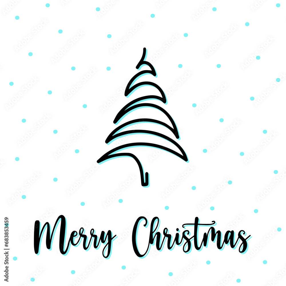 Zigzag wavy line fir tree greeting card with Merry Christmas lettering. Hand drawn wavy line fir tree, snowfall on background. Doodle wavy line fir tree for typography, design, textile. New year tree Zigzag wavy line fir tree greeting card with Merry Christmas lettering. Hand drawn wavy line fir tree, snowfall on background. Doodle wavy line fir tree for typography, design, textile. New year tree