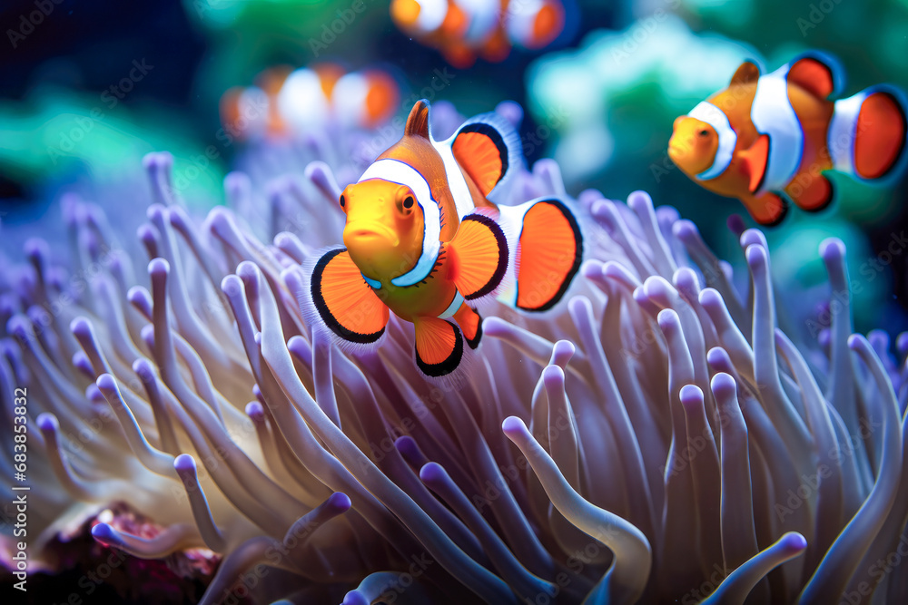 Clown anemonefish in anemone fish tank. - obrazy, fototapety, plakaty 