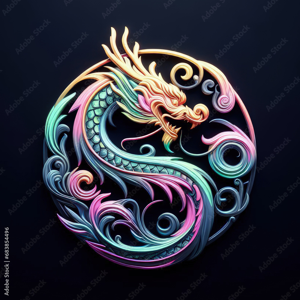 3d Logo illustration of dragon carving on dark background 3d Logo illustration of dragon carving on dark background