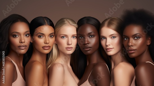 Six women with diverse hair colors and natural skin tones pose together, showcasing the beauty of diversity and fostering an empowering bond that captures the essence of inclusivity and harmony.