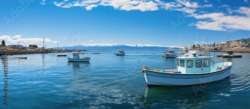 Fishing boats anchored in the harbor with a bright blue sky in the background and birds flying above photo