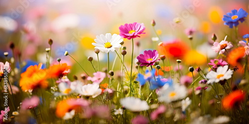 Vibrant meadow filled with an array of wildflowers, creating a cheerful and colorful springtime backdrop. © Maximusdn