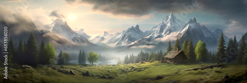 morning scene in the mountains, with mist swirling around the peaks, pine trees in the foreground, and a small cabin nestled among the trees.