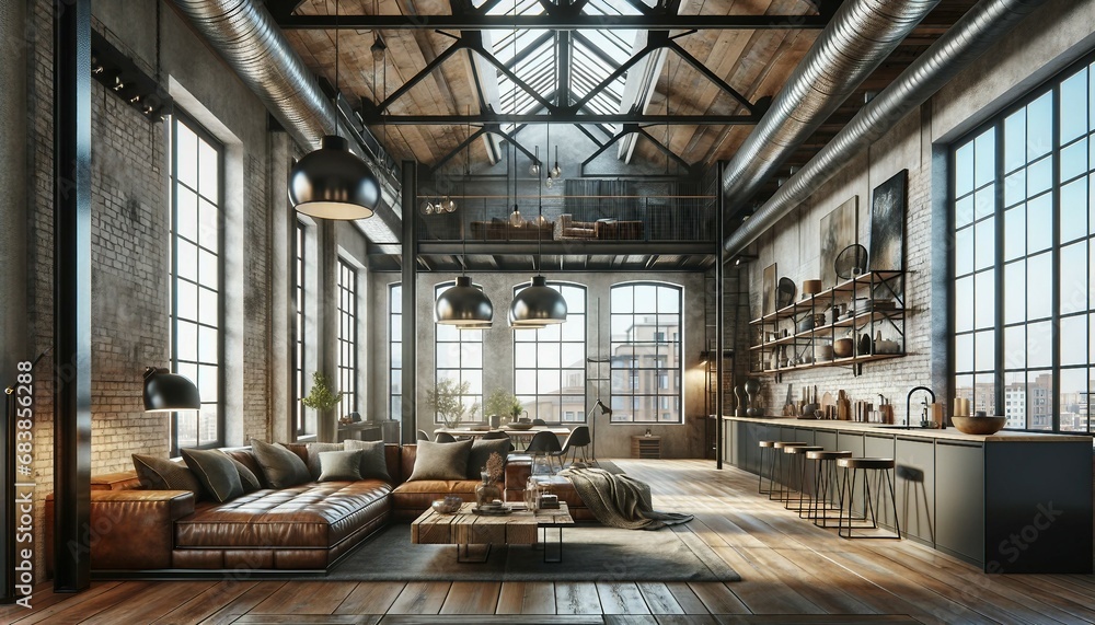 A modern industrial loft with high ceilings and large exposed steel beams. The walls are a mix of exposed brick and concrete. The living area includes