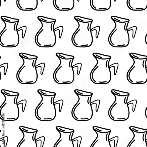 Jug seamless pattern. Doodle seamless pattern Jug isolated on white background. Jug seamless wrapper, wallpaper for caffe or restaurant decoration menu. Hand drawn pitcher milk outline coloring page