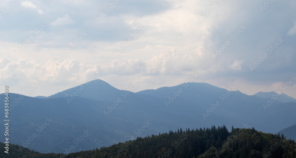 Amazing mountain landscape. Morning panorama of the forest, pine trees and silhouettes of mountains