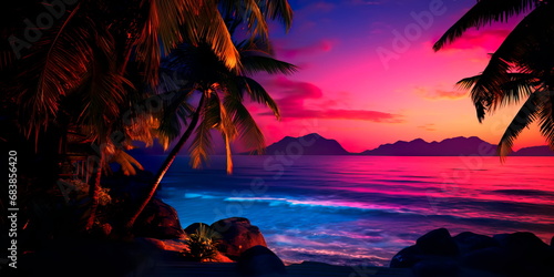 transition from day to night in neon-touched tropics, where the setting sun meets the neon lights in a dazzling display of colors.