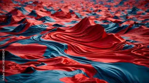 Abstract background illustration of red and blue flowing liquid with reflections in a random design. AI Generated