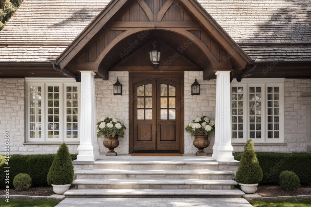 Main entrance door in house. Wooden front door with gabled porch and landing. Exterior of georgian style home cottage with white columns and stone cladding