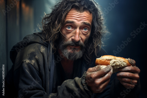 poverty face homeless man eating a hot dog