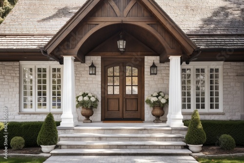 Main entrance door in house. Wooden front door with gabled porch and landing. Exterior of georgian style home cottage with white columns and stone cladding © Muhammad