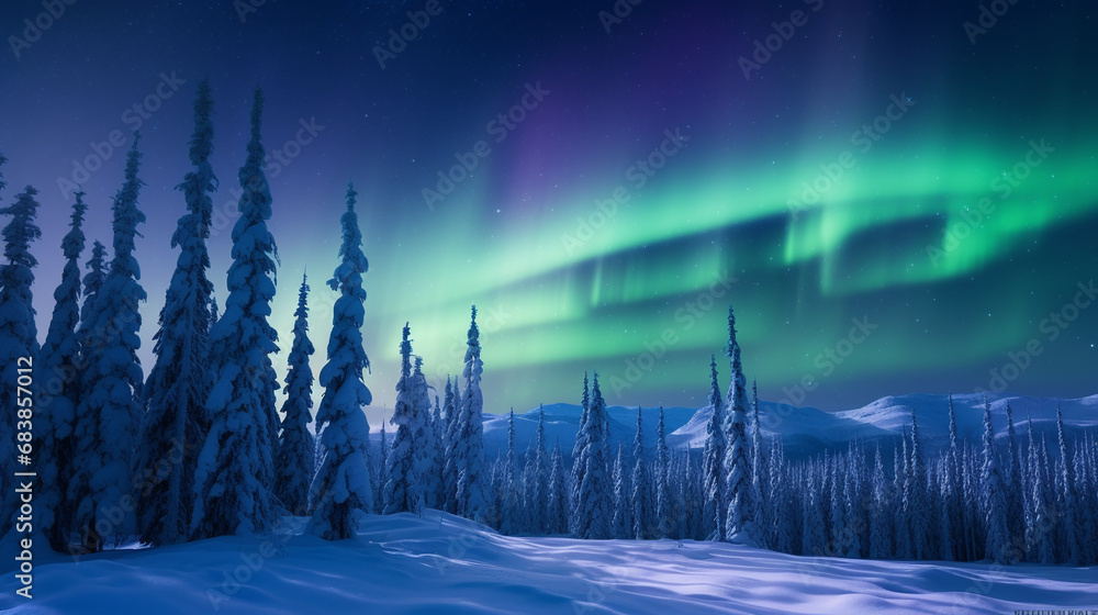 Aurora borealis, winter landscape with forest. 