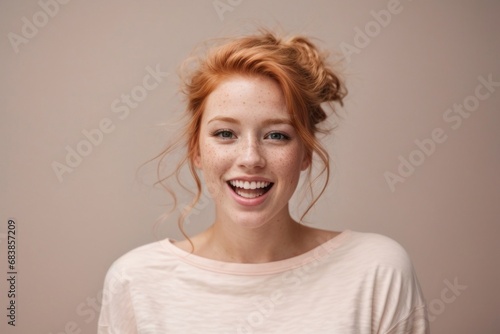Beautiful joyful happy smiling redhead woman on a light background. Close-up portrait of a young girl.