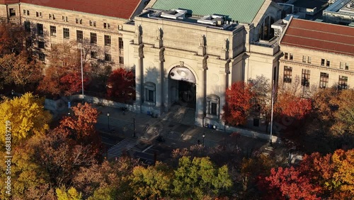 Aerial shot of the Museum of Natural History on an autumn morning. Shot in New York City in 4k.