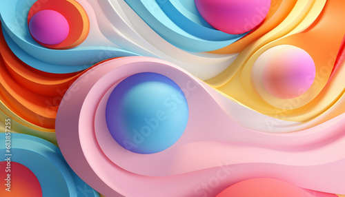 Abstract liquid circles on a background of pastel color with spacing. 3D design of a rainbow-colored spherical. Template for a trendy gradient in a minimal style. 3D