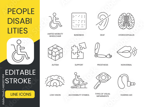 Disabled people, vector line icon set with editable stroke, person in wheelchair and blindness, hearing loss and deafness, hydrocephalus and autism, prosthesis and mute, low vision