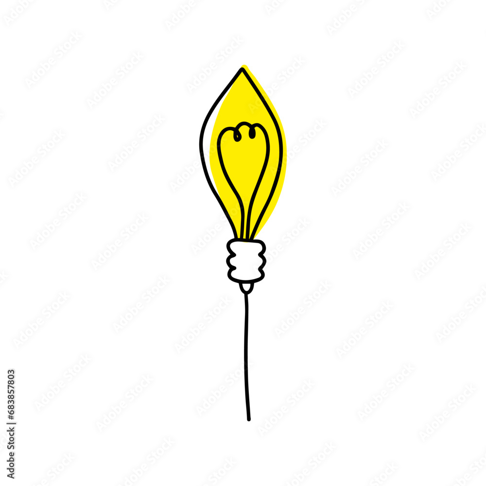 Doodle Edison incandescent light bulb with rays shine, thin line. Hand