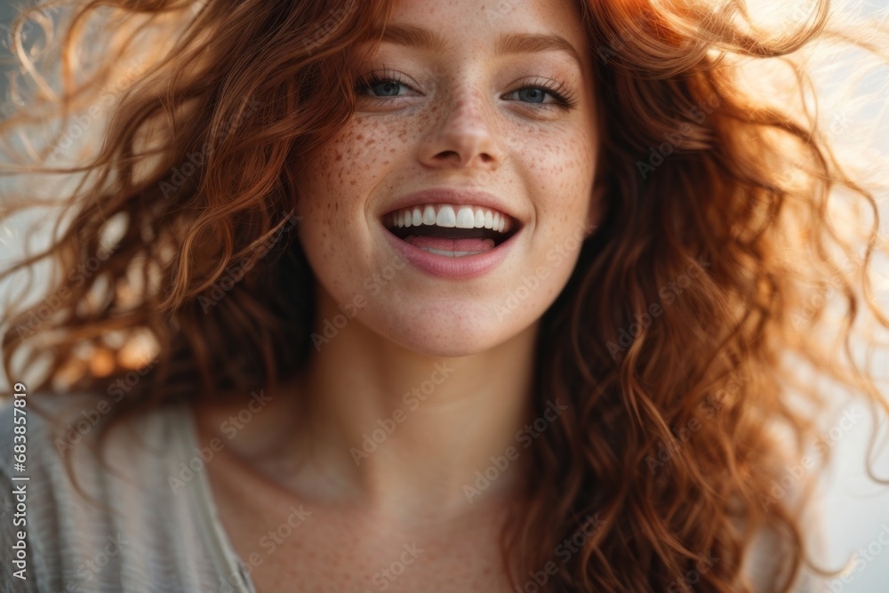 Close-up portrait of a redhead happy smiling woman with curly hair. The girl looks at the camera in surprise and joy. Close-up portrait of a redhead happy smiling woman with curly hair. The girl looks at the camera in surprise and joy.