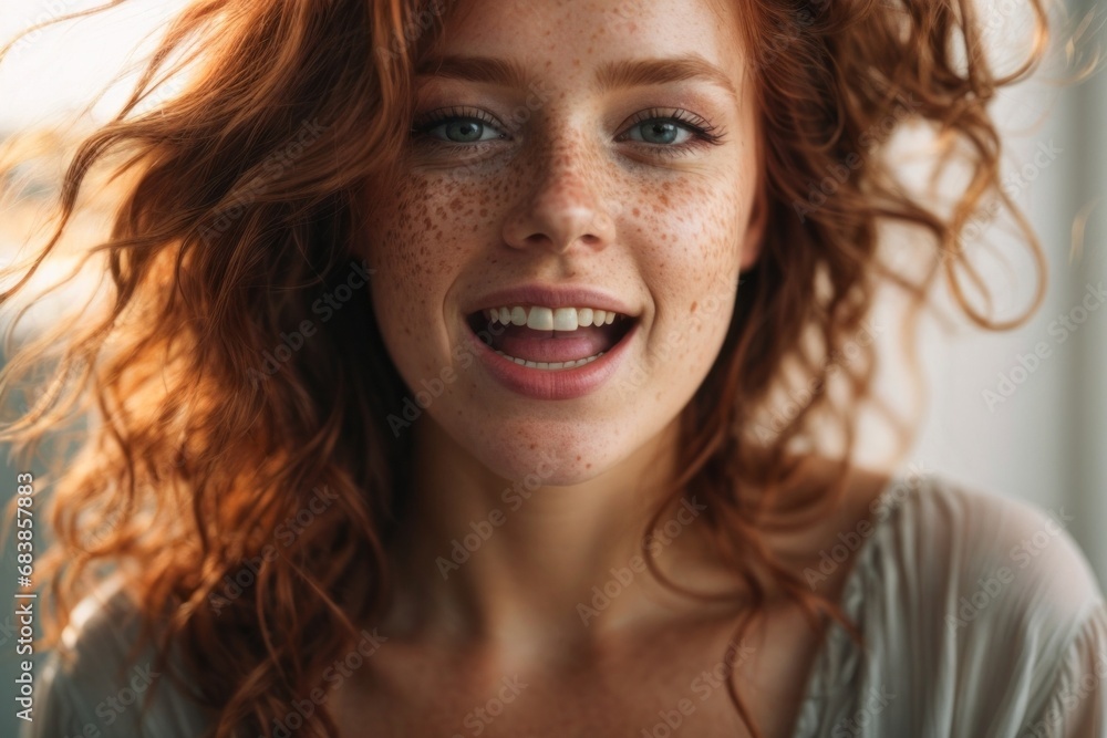 Close-up portrait of a redhead happy smiling woman with curly hair. The girl looks at the camera in surprise and joyfully opening her mouth.