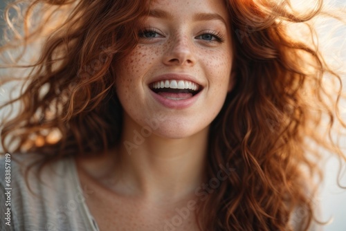 Close-up portrait of a redhead happy smiling woman with curly hair. The girl looks at the camera in surprise and joy.