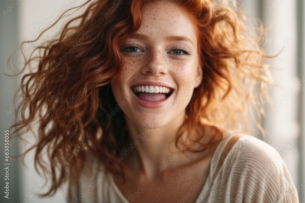 Close-up portrait of a happy joyful redhead woman. Close-up portrait of a happy joyful redhead woman.