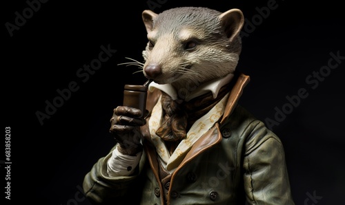 a realistic weasel in as sherlock detective character dress style photo