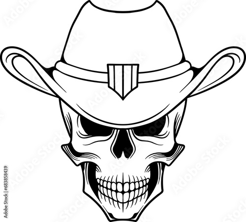 Vector tattoo design black and white hand drawn cowboy skull