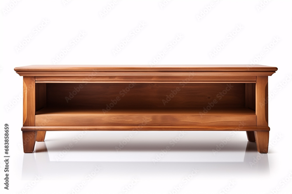 A brownwooden TV stand, viewed from the front, stands alone against a white backdrop. A brownwooden TV stand, viewed from the front, stands alone against a white backdrop.
