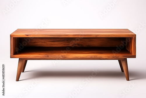 A brown, wooden TV stand stands alone against a white backdrop, viewed from the front. photo