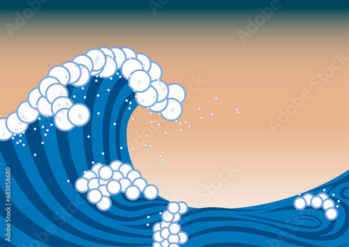 和風な波の浮世絵風イラスト。日本の海のイメージ。