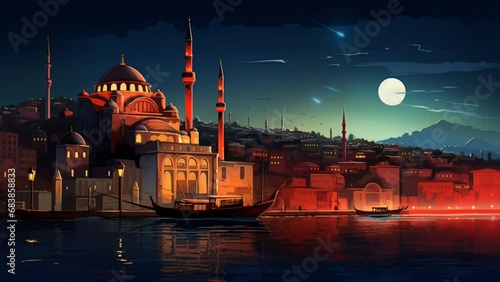 Hagia Sophia, Istanbul Turkey at night with shooting star animation. Seamless looping video background animation, cartoon illustration style. Generated with AI photo