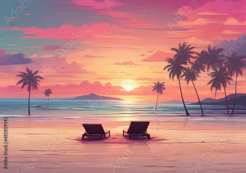 Colorful illustration of beach and sunset, for lo-fi music background, background wallpaper, backdrop etc.