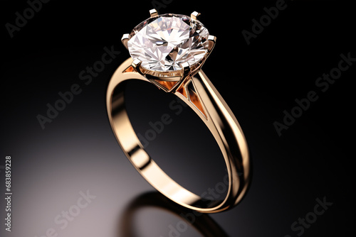 A glimmering solitaire yellow gold engagement ring, isolated on black. photo