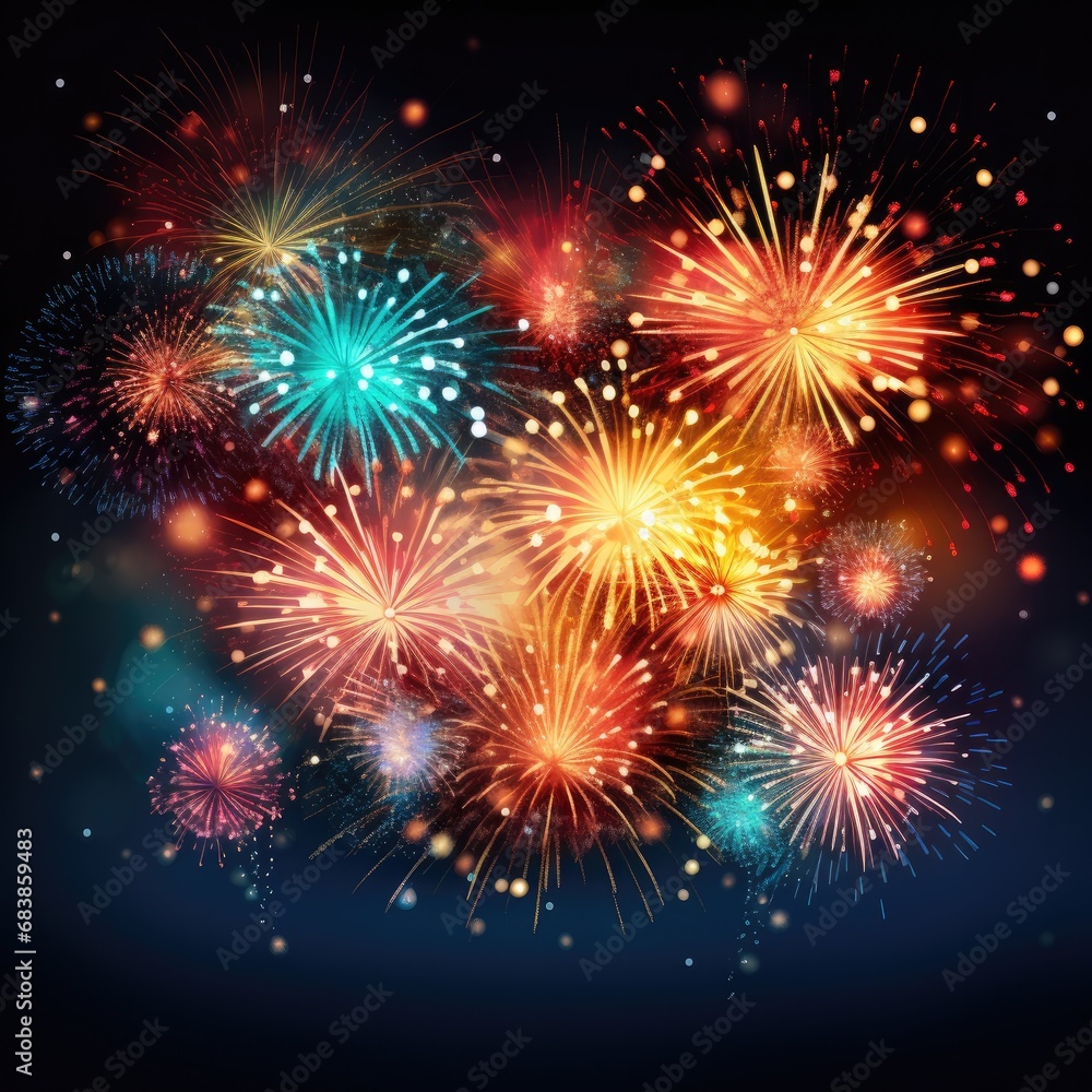 Beautiful colorful fireworks on a dark background. New Year celebrations. Generative AI.