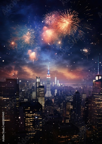 A huge fireworks display over a big city. New Year celebrations. Generative AI.