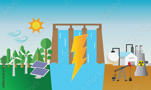 A vector of green and non green energy with electric symbol.