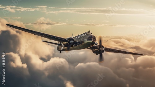 World War II era airplane flying in the clouds. 3d illustration of an old ww2 jet fighter flying above the clouds at sunset. WWII Concept. Military Concept. WW2 Air Force concept. photo