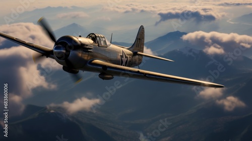 World War II era airplane flying in the clouds. 3d illustration of an old ww2 jet fighter flying above the clouds at sunset. WWII Concept. Military Concept. WW2 Air Force concept.