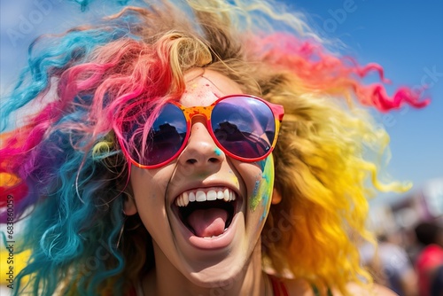young woman with colorful curly hair laughing, radiating confidence and self-acceptance