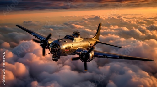 3D Illustration of a military aircraft flying over the clouds. WWII Concept. Military Concept. WW2 Air Force concept. photo